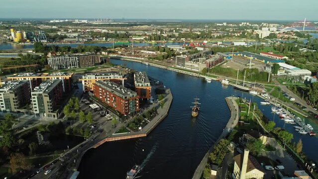 View Of Galeon Lew Sailing At Motlawa River In Old Town Gdansk, Poland. - Aerial