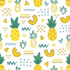 Seamless pattern design with hand drawn illustrations of pineapple