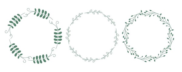 Nature wreath set. Greens frames. Circle shape. For wedding invitation and birthday card. Vector illustration. Floral design with empty space for your text, photo, save date, logo, monogram.