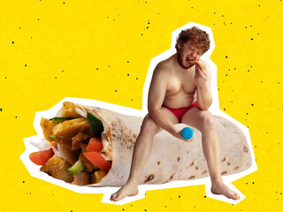 Contemporary art collage. Shirtless fat man sitting on giant shawarma and eating slice of pizza isolated over yellow background