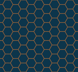 Art deco line art. Hexagon grid pattern in gold and blue color. Decorative seamless background.