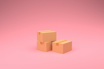 Cardboard boxes on pink background, logistics and delivery concept. 3D Rendering