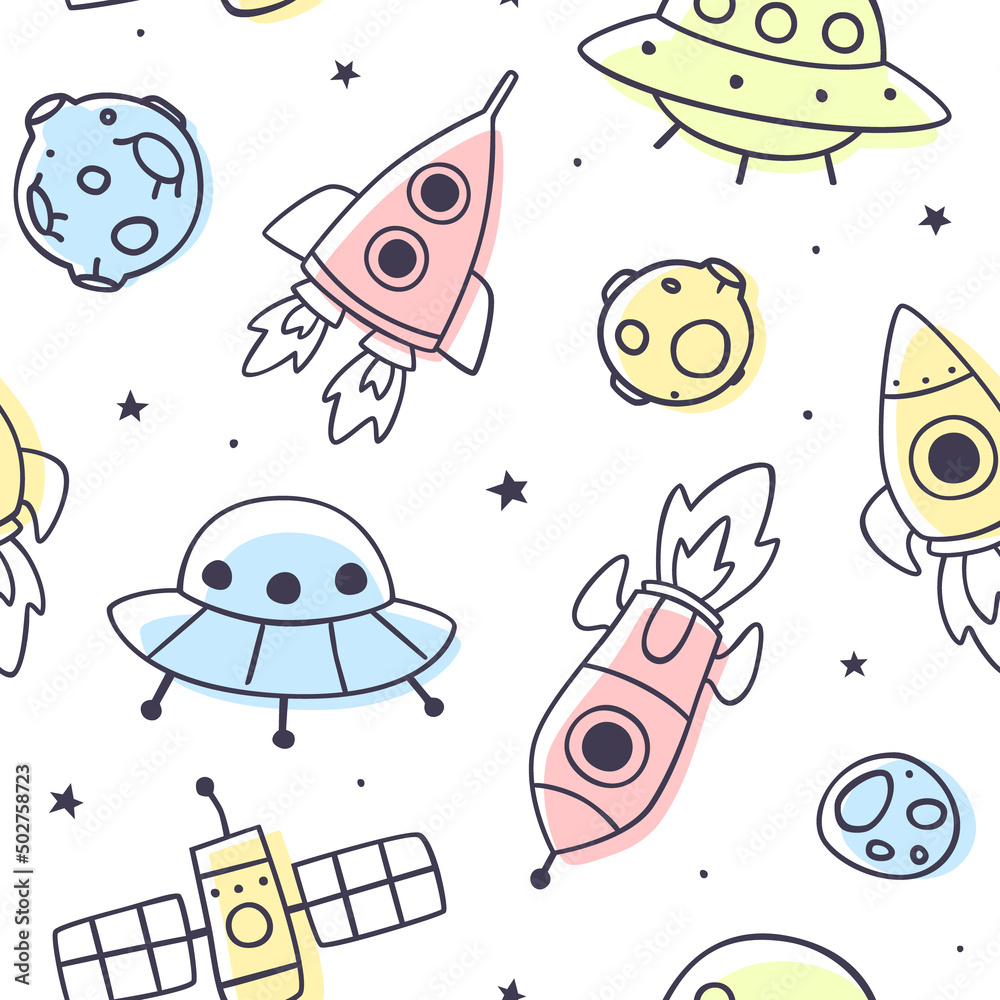 Canvas Prints outline doodle space pattern. cosmic seamless print with rockets and ufo for kids.