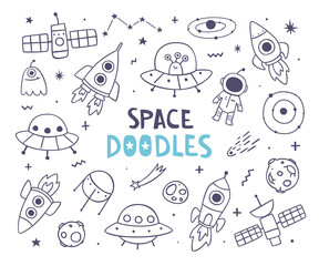 Set of space outline doodles. Cute cosmic collection of space objects. Outer space doodle bundle.