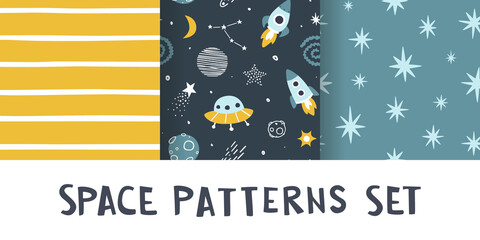 Scandinavian space patterns set. Collection of cosmic vector prints for baby textile and fabric.