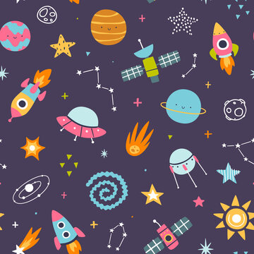 Colorful cosmic pattern for kids. Space adventure vector seamless print for baby textile and nursery.