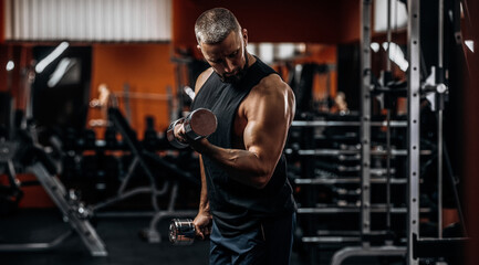 Fototapeta na wymiar Handsome sportsman bodybuilder weightlifter pumping biceps in gym