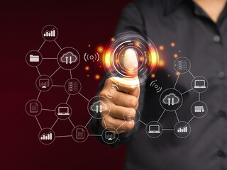 A Businessman scan fingerprint biometric identity to access personal data