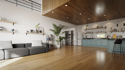 modern living room and kitchen interior, 3d rendering