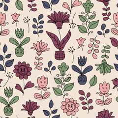 Groovy retro seamless pattern. Vintage floral vector pattern. Hippie floral background with plants, leaves, fruits, flowers. Doodle hippie style print for wallpaper, fabric, textile, paper.