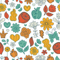Groovy retro seamless pattern. Vintage floral vector pattern. Hippie floral background with plants, leaves, fruits, flowers. Doodle hippie style print for wallpaper, fabric, textile, paper.