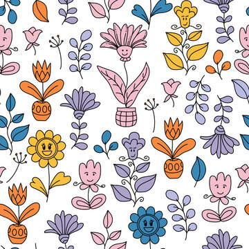 Groovy retro seamless pattern. Vintage floral vector pattern. Hippie floral background with plants, leaves, fruits, flowers. Doodle hippie style print for wallpaper, fabric, textile, paper.