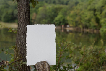 Mockup greeting cards, top view, flatlay, landscape and  lake background, place for your text. For presentation your art, wedding greeting cards.