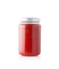Strawberry jam in jar isolated on white background.
