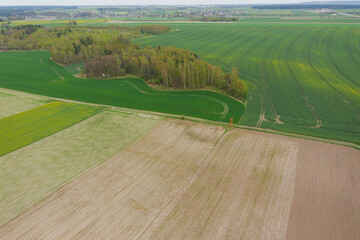Rozległa równina pokryta polami uprawnymi i łąkami. Miejscami widać kępy drzew. Niebo jest lekko zachmurzone. Zdjęcie z drona.