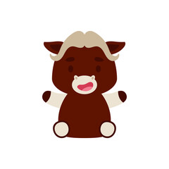 Cute little sitting musk ox. Cartoon animal character design for kids t-shirts, nursery decoration, baby shower, greeting cards, invitations, bookmark, house interior. Vector stock illustration
