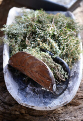 Ritual wooden objects and green branches for Aboriginal Australian Ceremony, preparation for start...