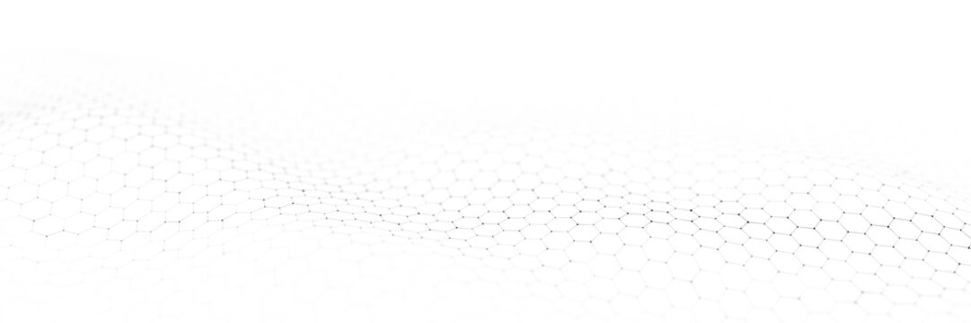 Technology dynamic hexagon wave on white background. Futuristic honeycomb concept. Digital technology webflow. Big data visualization. 3D rendering.