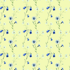 Watercolor seamless pattern of Chamomile, Bluebell Flower, , Cornflower, isolated on a yellow background.
