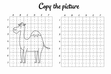 Copy the picture. Draw by grid. Coloring book pages for kids. Handwriting practice, drawing skills training. Education developing printable worksheet. Activity page. Cute cartoon vector illustration.