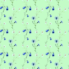 Watercolor seamless pattern of Chamomile, Bluebell Flower, , Cornflower, isolated on a green background.