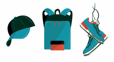 Set of sports accessories.Cap, backpack, sneakers.