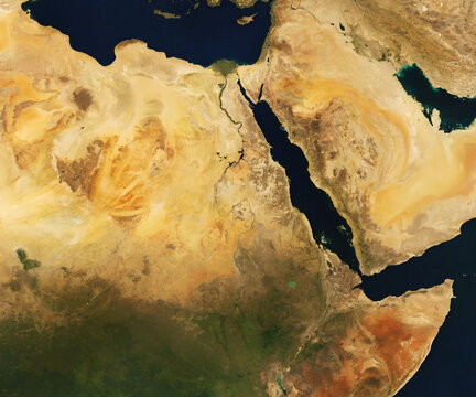 Satellite view Middle East, East Africa and Nile river. Red Sea,Sudan, Ethiopia, Saudi Arabia, Egypt, Israel, Palestine,Iraq and Syria. Elements of this image furnished by NASA.