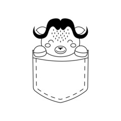 Cute musk ox sitting in pocket. Animal face in Scandinavian style for kids t-shirts, wear, nursery decoration, greeting cards, invitations, poster, house interior. Vector stock illustration