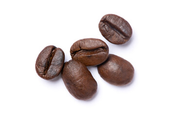 Closeup roasted coffee bean isolated on white background. Top view. Flat lay. Macro.