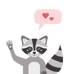 Character for childrens in flat style. A cute raccoon waving his paw merrily. Vector illustration isolated on a white background.