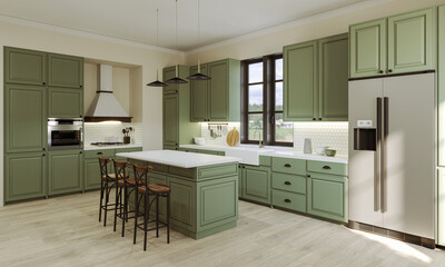 Modern style kitchen with light counter top with sink, hob, oven, kitchen utensils. 3D rendering.