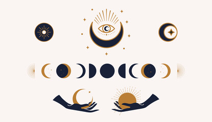 Set of mystical moon phase logo templates, female hands silhouette in minimal linear style. For cosmetics, beauty, tattoo, Spa, manicure, jewelry store