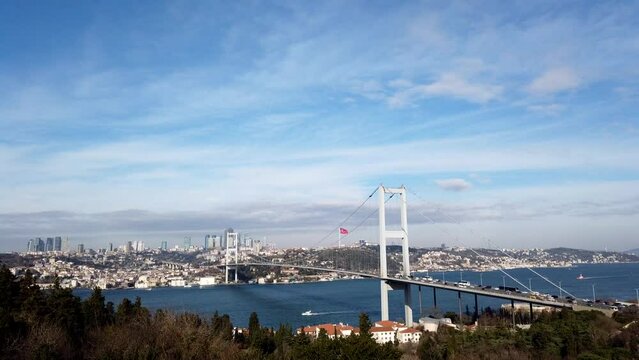 Istanbul time lapse. Time lapse footage of Bosphorus Bridge or 15 Temmuz Sehitler Koprusu and cityscape of Istanbul. Motion of the clouds. 