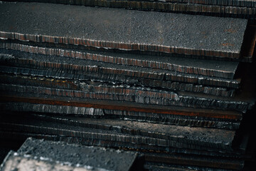 Close-up of sheet metal cut. Iron for construction. Metal. Raw materials for metallurgical industry. Background.
