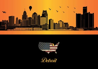Detroit skyline silhouette - illustration, 
Town in orange background, 
Map of USA
