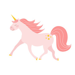 Cute cartoon pink unicorn with stars. Isolated on white background.