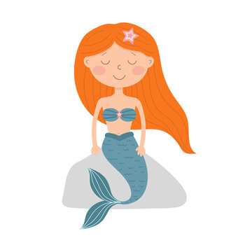 Cute little cartoon mermaid sitting on a rock. Isolated on a white background.