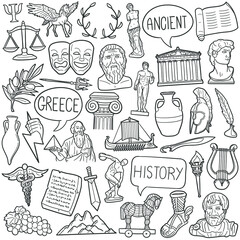 Classical Antiquity Doodle Icons. Hand Made Line Art. Greece Culture Clipart Logotype Symbol Design. - obrazy, fototapety, plakaty