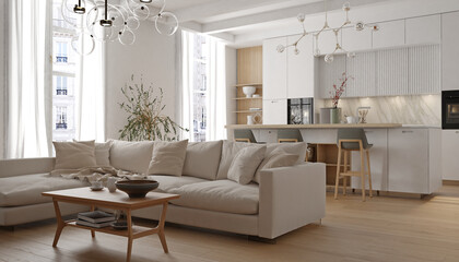 Naklejka na ściany i meble Modern interior of white kitchen with living room. 3d render 
