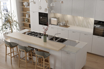 Modern interior of white kitchen with living room. 3d render	