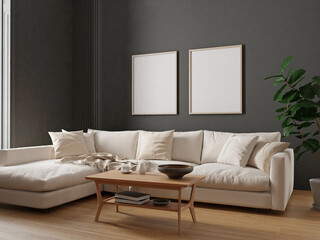 Wall mockup poster art in living room interior with white couch and black wall. 3d render	