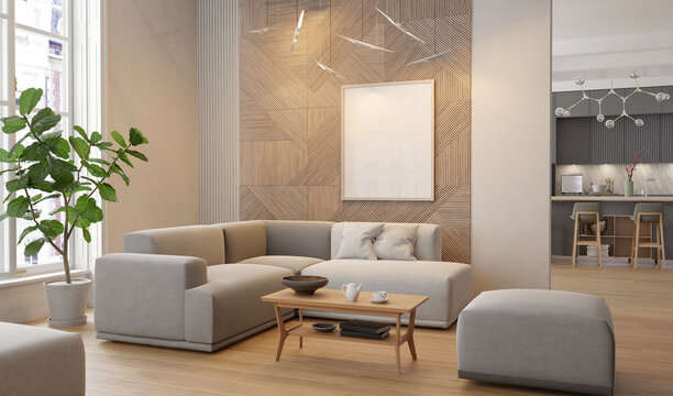 Wall mockup poster art in living room interior with kitchen. 3d render	