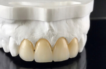 Zirconia crowns with all porcelain baked. Close-up view of dental layout of upper veneers of teeth prosthesis, isolated on black background. Dental crowns for the upper jaw on a model.  © Alice
