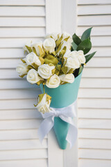 Bouquet of flowers on white wood background. Lavender flower