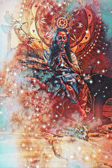 beautiful shamanic woman in the interiors. Painting effect.