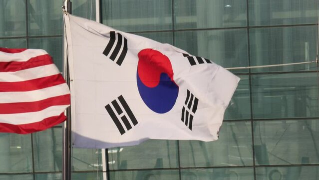 South Korean national flag waving or flying in the Daegu city downtown, South Korea