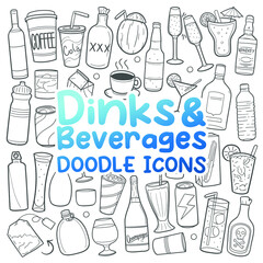 Drink And Beverages Doodle Icons. Hand Made Line Art. Cocktail Clipart Logotype Symbol Design.