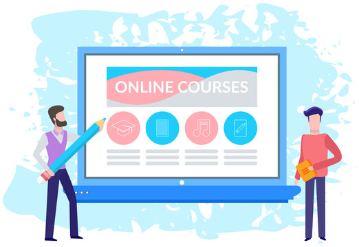 Laptop with educational website. Free online certificate courses, business school, studying via Internet concept. People using program for distance learning. Men looking at online course web page