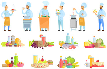 People preparing dish, meal. Chefs work with kitchen equipment to prepare food. Male characters fry with pan, cut vegetables, mix, add ingredients of dish. Set of chefs creating restaurant meal