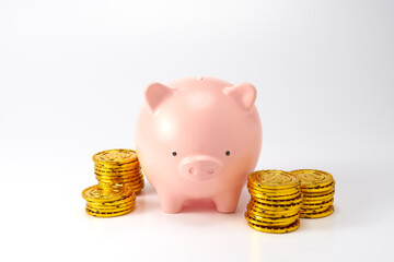 豚の貯金箱とお金を白背景で